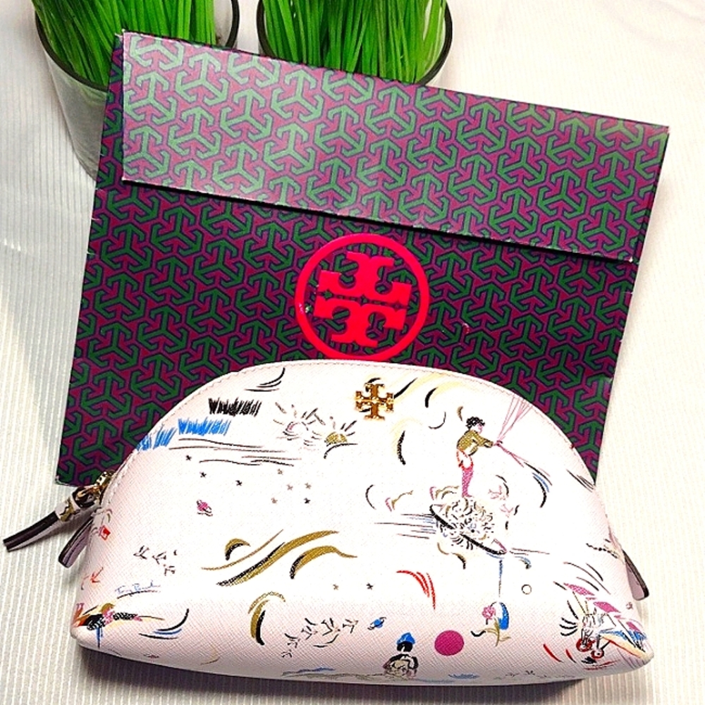 Tory Burch Pink White Printed Cosmetic Pouch with Purple Logo Box